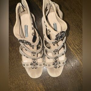 Prada Nude & Silver Suede Floral Embellished Heel